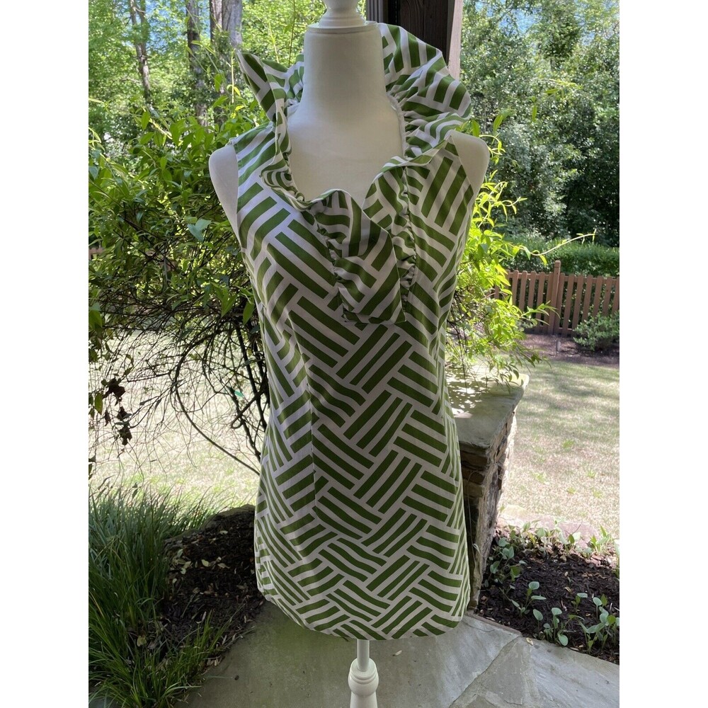 Devon Baer Silk Ruffle-neck geometric Print Dress green white size Small
